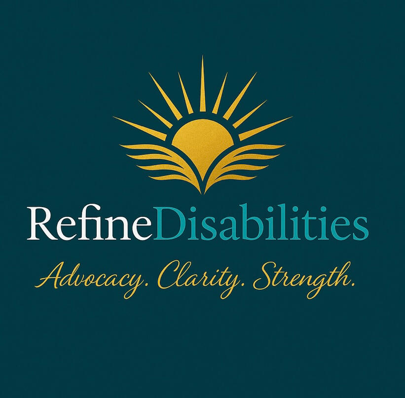 alt= Refine Disabilities logo: dark teal background, sunshine yellow sunrise, title letters in white and turquoise