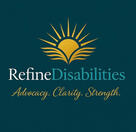 Refine Disabilities logo: gold sunburst against a dark teal background