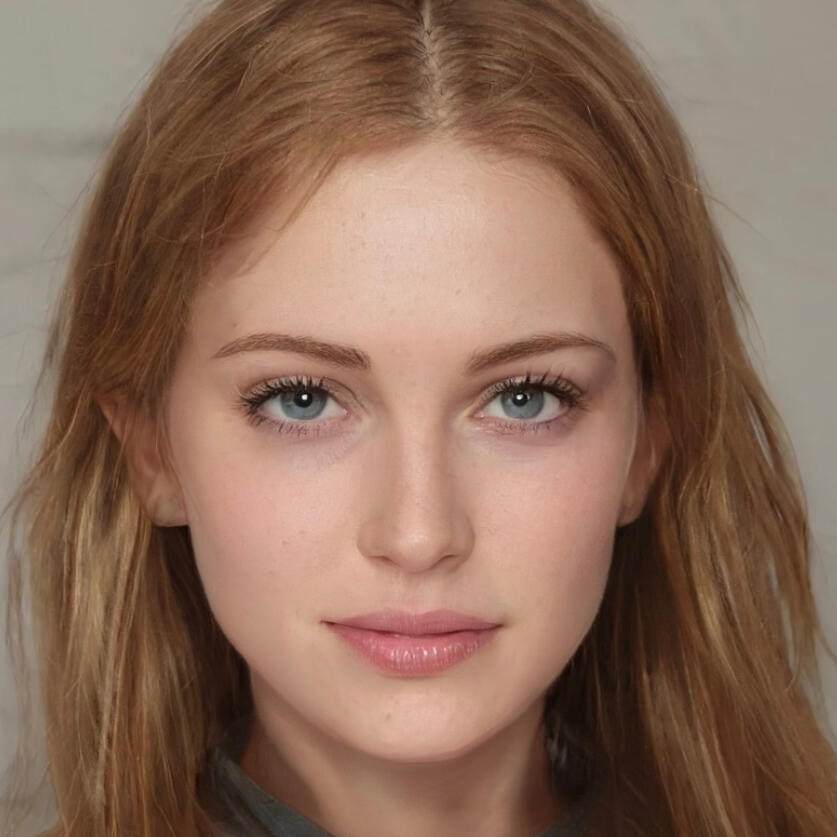 alt= Red head,b lue eyed young woman headshot