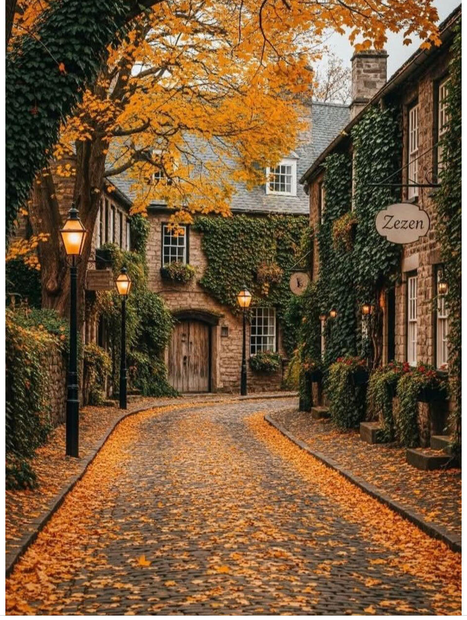 A cobblestone street lined on either side with Colonial era two story houses covered with ivy and green shrubbery on every front lawn. Black street lanterns that had to be lit by hand stand at the corner. Orange leaves fall from full oaks to the street.