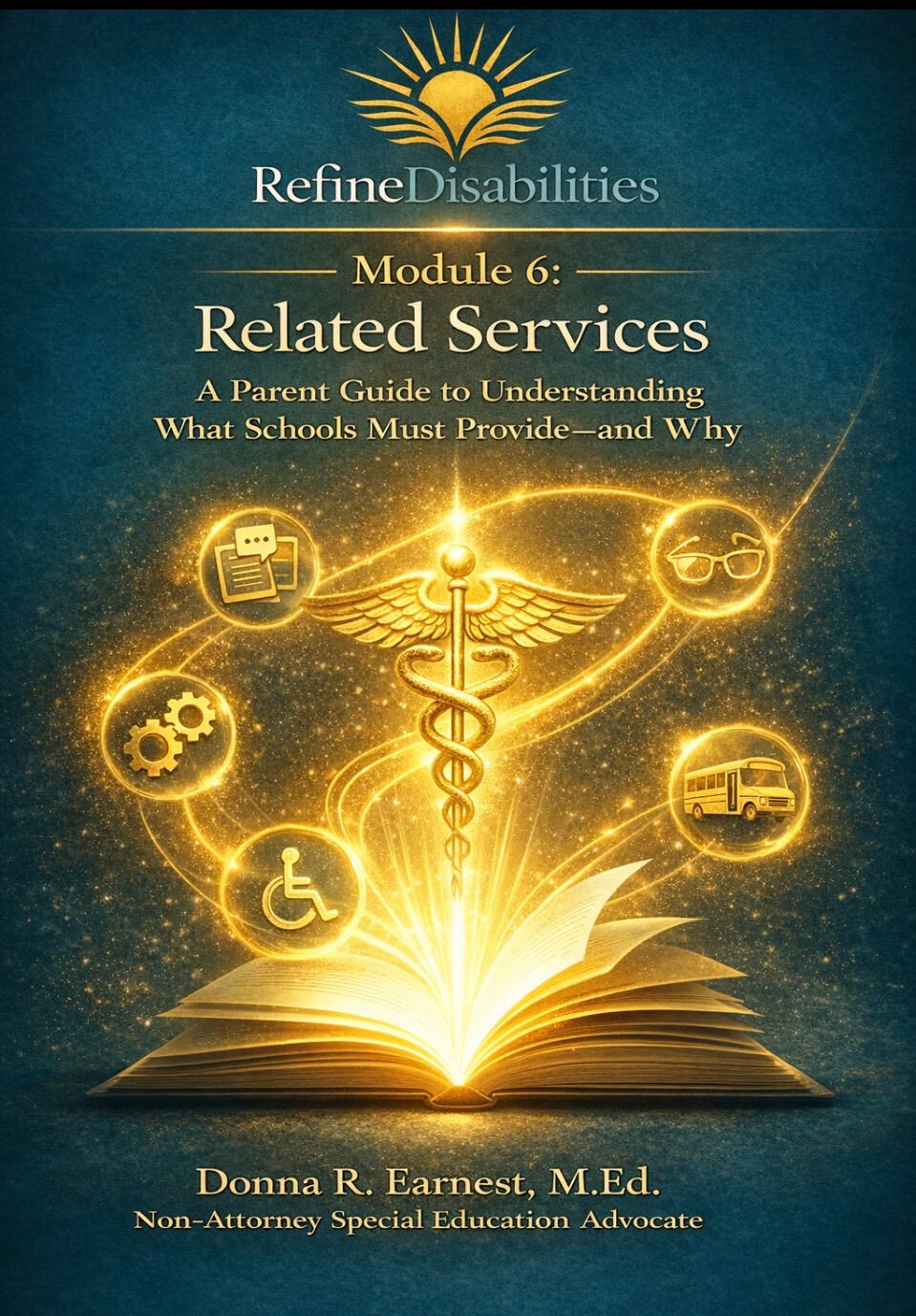 A gold fire explodes from an open book. From it shoots a Hippocratic doctor’s wand, surrounded by 6 circles of related services.